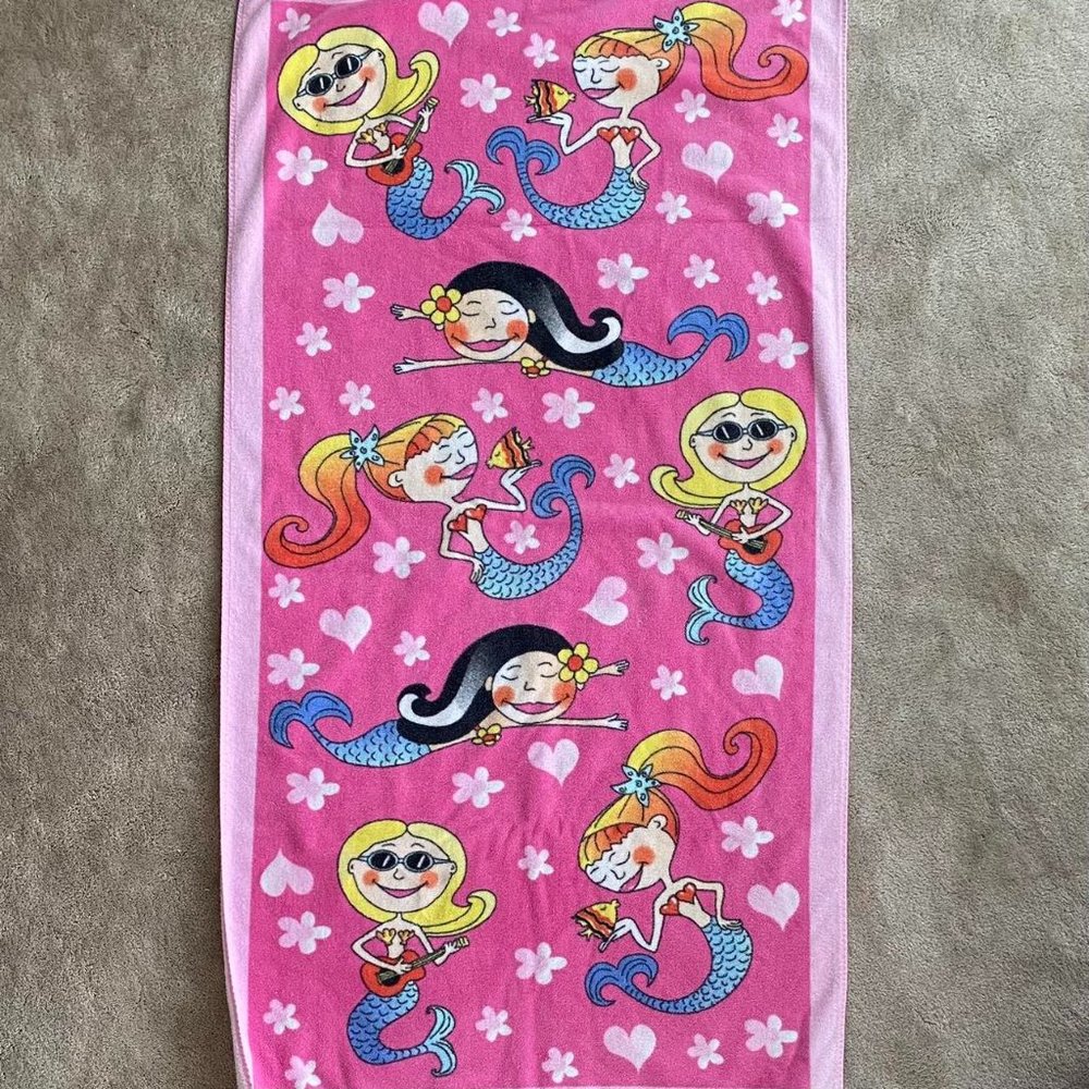 Pink Mermaids Flowers Hearts Beach Towel